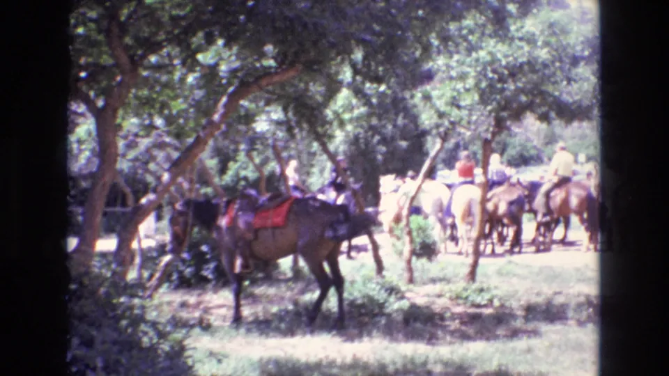 A shaded horseback riding area shows saddled horses, mounted riders, and guests gathered under trees in 1973 Colorado home-movie footage.