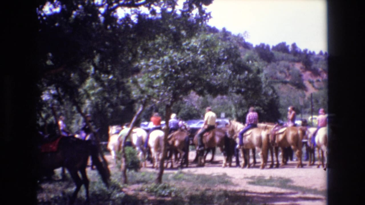 Horseback riders gathered on a dirt road beneath trees with a forested hillside behind them.