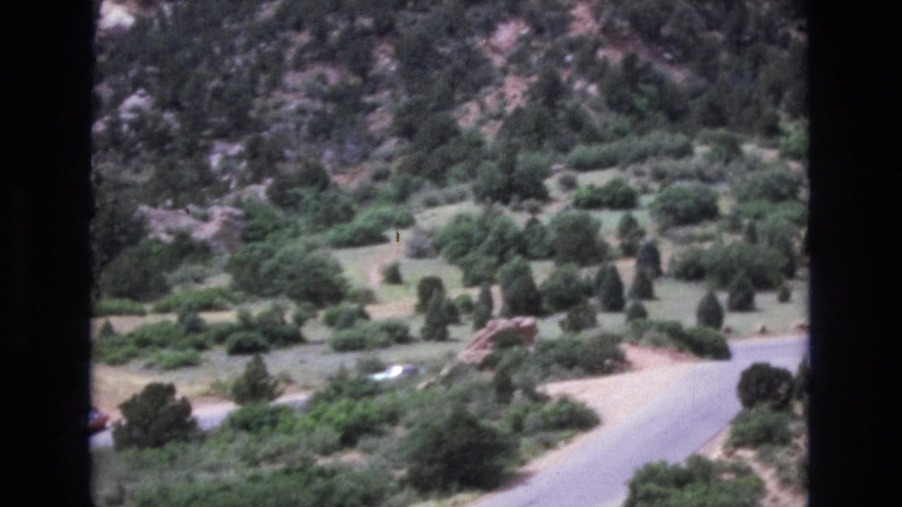 Mountain valley road curving past trees, shrubs, grass, and distant cars.
