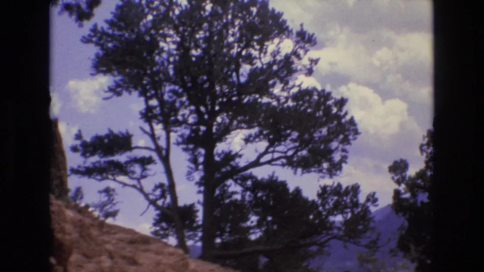 1973 Colorado 8mm frame with a dark juniper-like tree silhouette over a red rock ledge, clouds behind it, and faint purple-blue terrain in the distance.