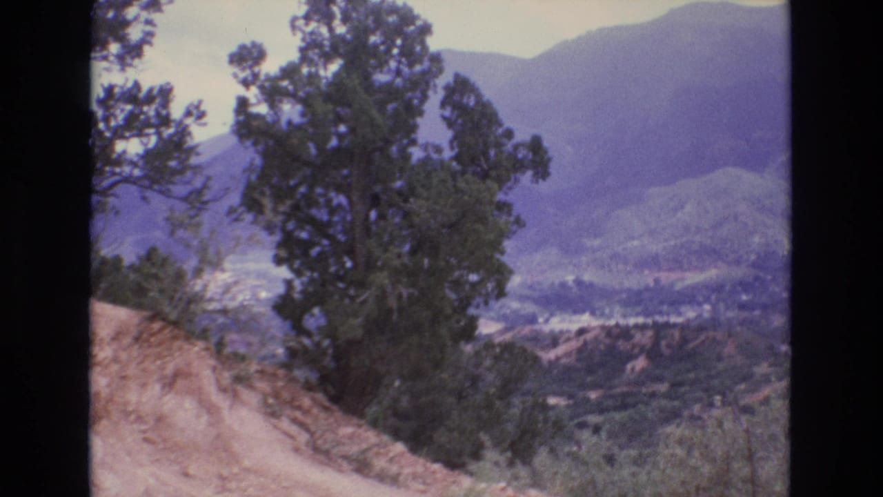 1973 Colorado 8mm frame looking past trees and a sandy foreground toward a broad valley and distant mountains.