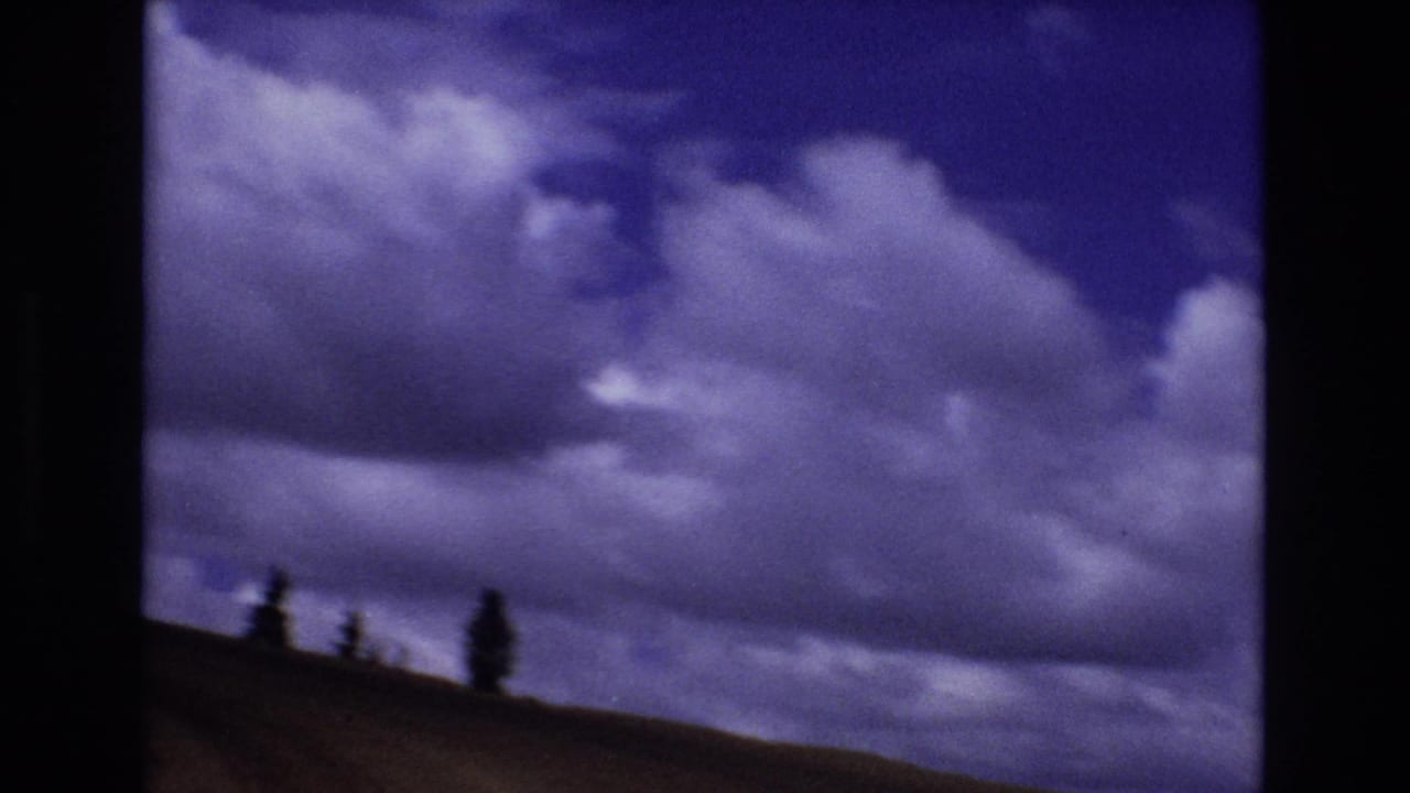Cloudy sky above a hillside with small evergreen silhouettes.
