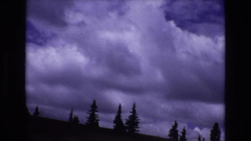 1973 Colorado 8mm frame showing a low hillside lined with dark evergreen trees beneath a purple-tinged cloud bank.