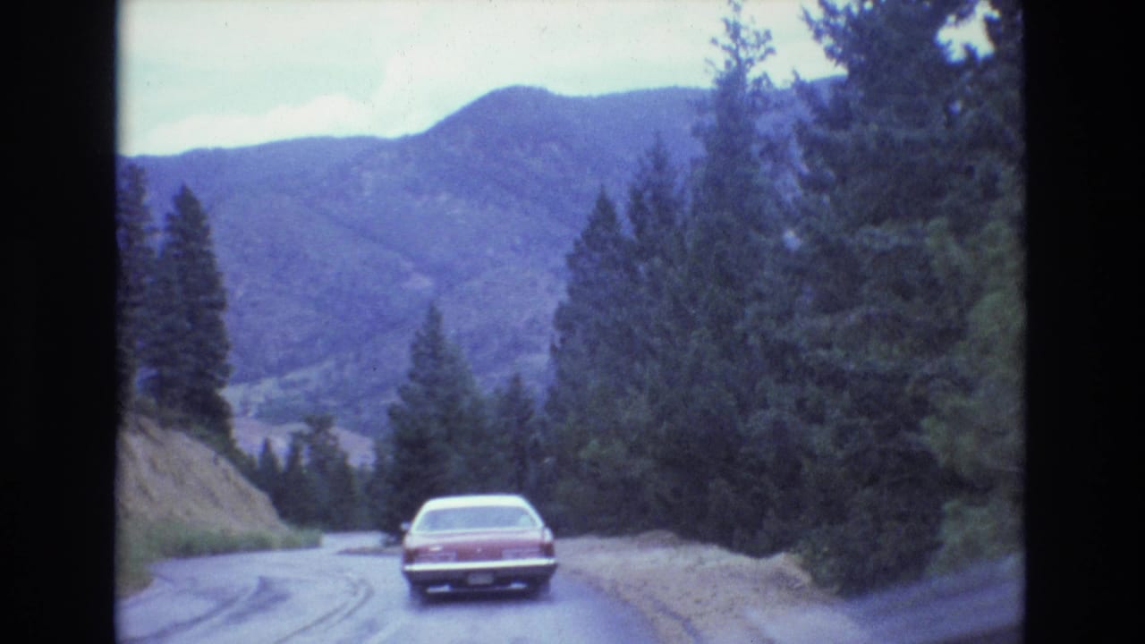Red sedan driving away on a wet mountain road bordered by pine trees.
