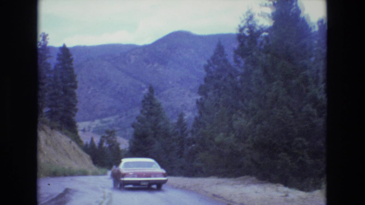 Red sedan follows a curve on a damp road through a forested mountain pass.