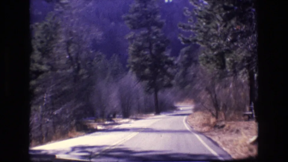 1973 Colorado home-movie frame showing a forward view down a winding two-lane road through dense forest, with tall evergreens and brush along the shoulder.