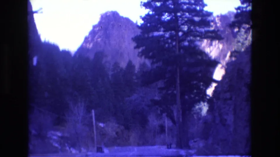 1973 Colorado 8mm frame showing a paved road through tall pines at the base of rocky mountain slopes, with utility poles and a purple-blue film cast.