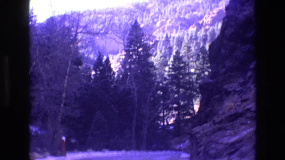 1973 Colorado 8mm frame from a moving vehicle, showing roadside snow, dense evergreens, bare tree limbs, a rock face on the right, and a pale mountain slope beyond.