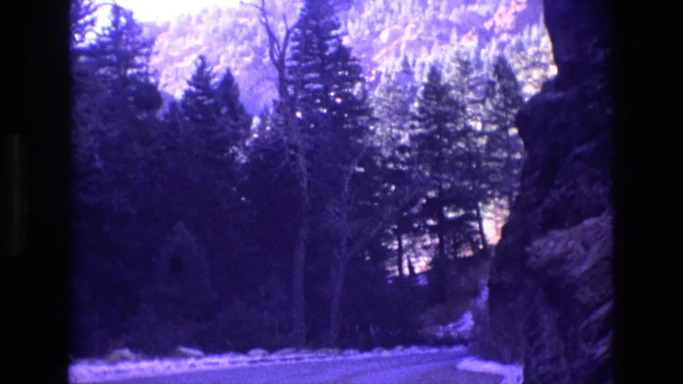 Purple-tinted 8mm frame of a forested rocky mountain landscape in Colorado, with evergreen trees and a shaded canyon-like view.