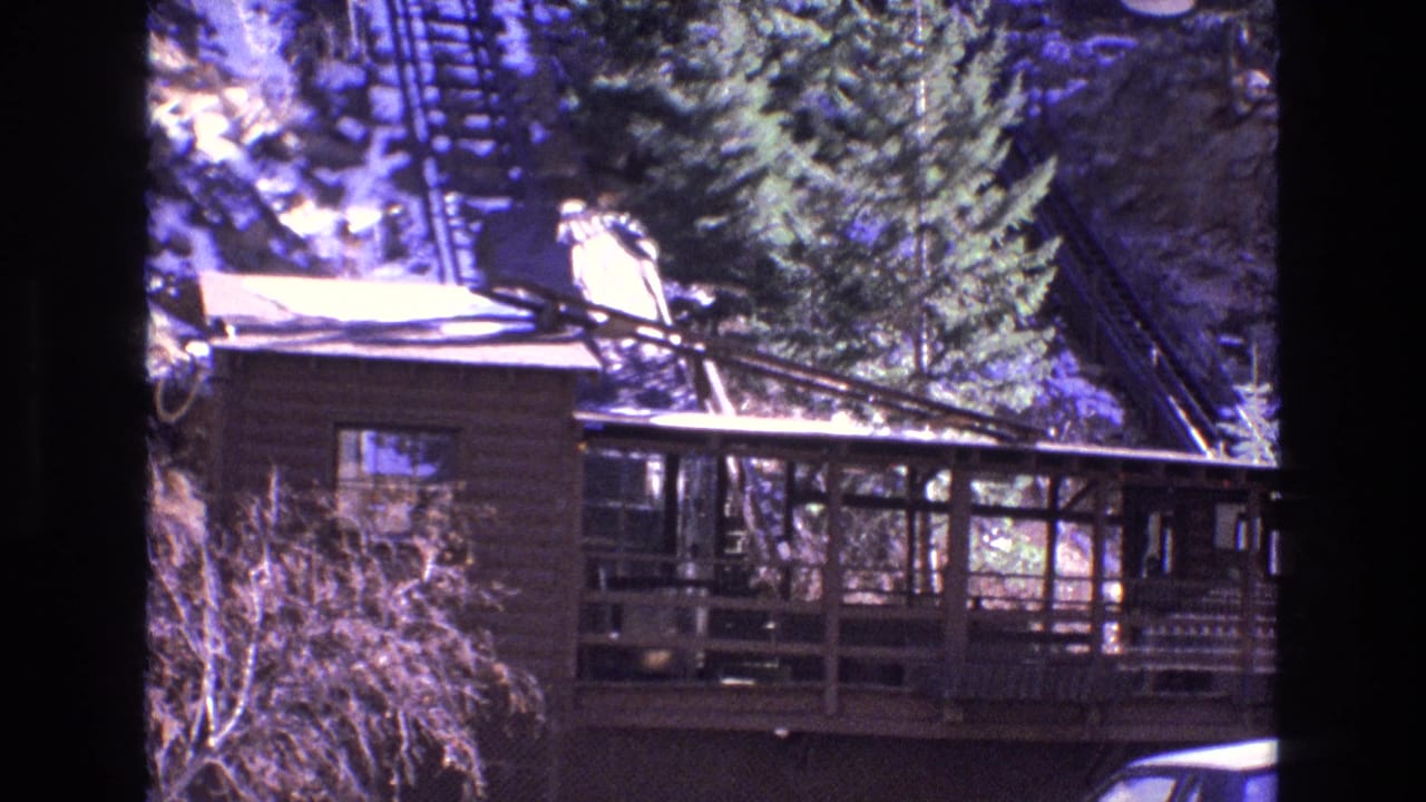 Rustic lodge and evergreen trees with an inclined track on a snowy hillside.