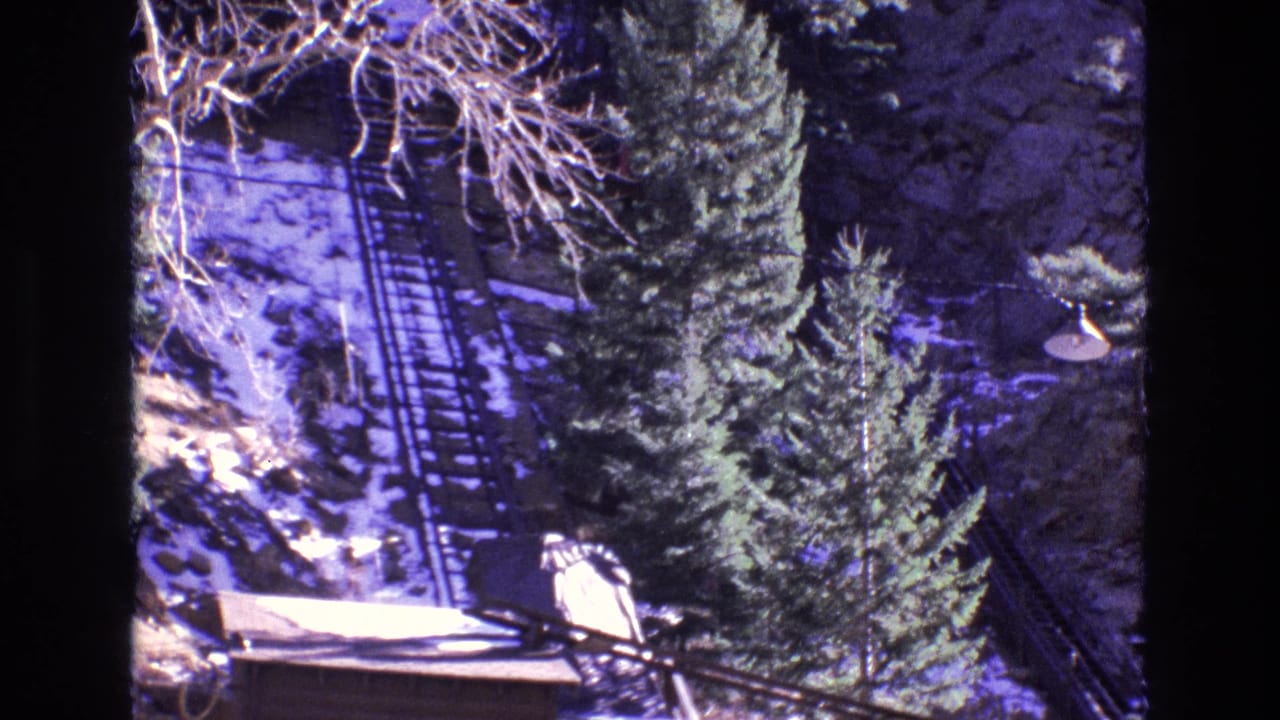 Steep incline railway tracks running through snowy trees and rocky ground.