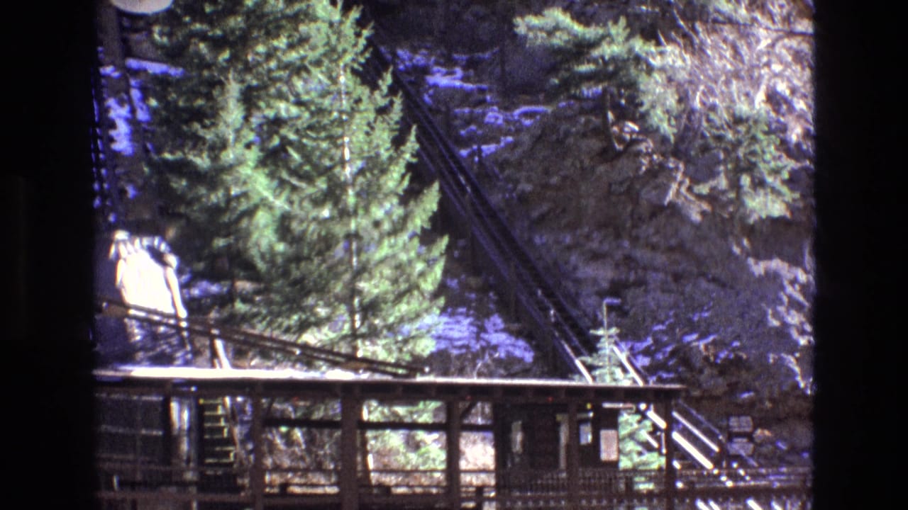 Mountain station platform with stairs, trees, and rocky cliff behind it.