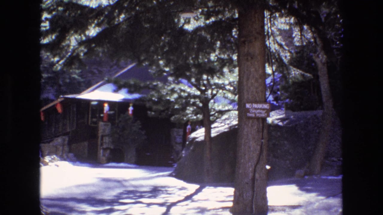 Wooded path beside a rustic building with a no-parking sign on a tree.