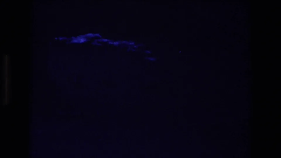 Dark blue-tinted 8mm frame from the same 1973 Colorado clip, with only faint shapes visible against heavy underexposure.