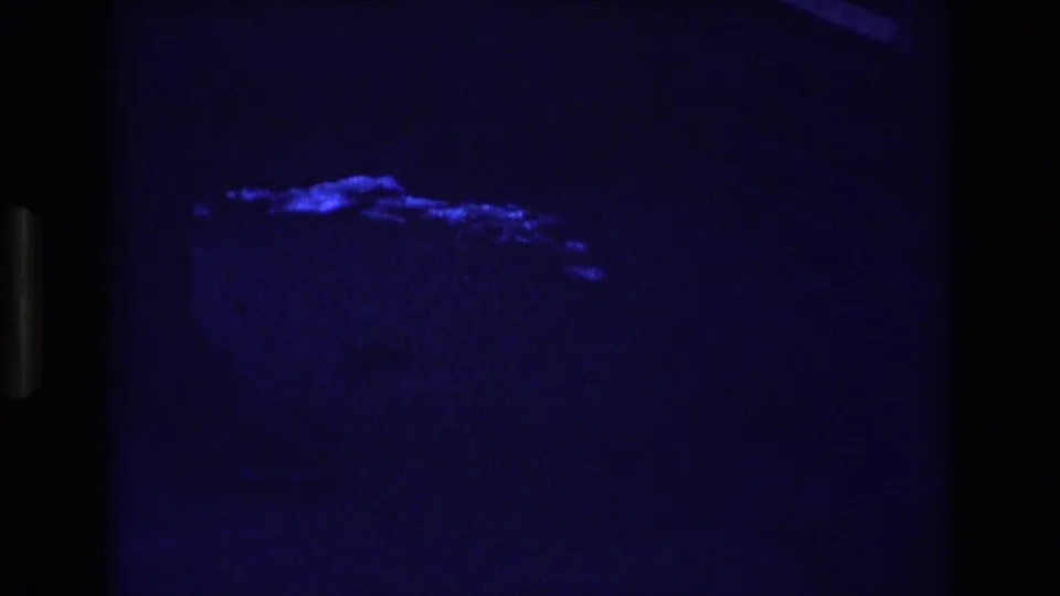 Underexposed blue-tinted home-movie frame with a faint light patch and visible film texture, following the cabin exterior shot.