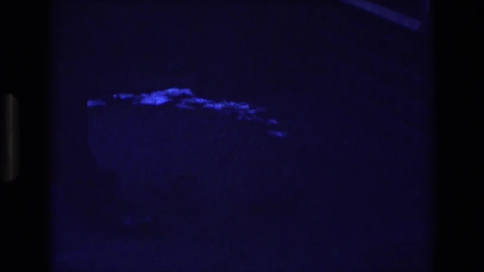 Low-light 1973 Colorado 8mm frame showing a faint hand extended toward a blue-lit patch on the ground, with surrounding details mostly obscured by darkness.
