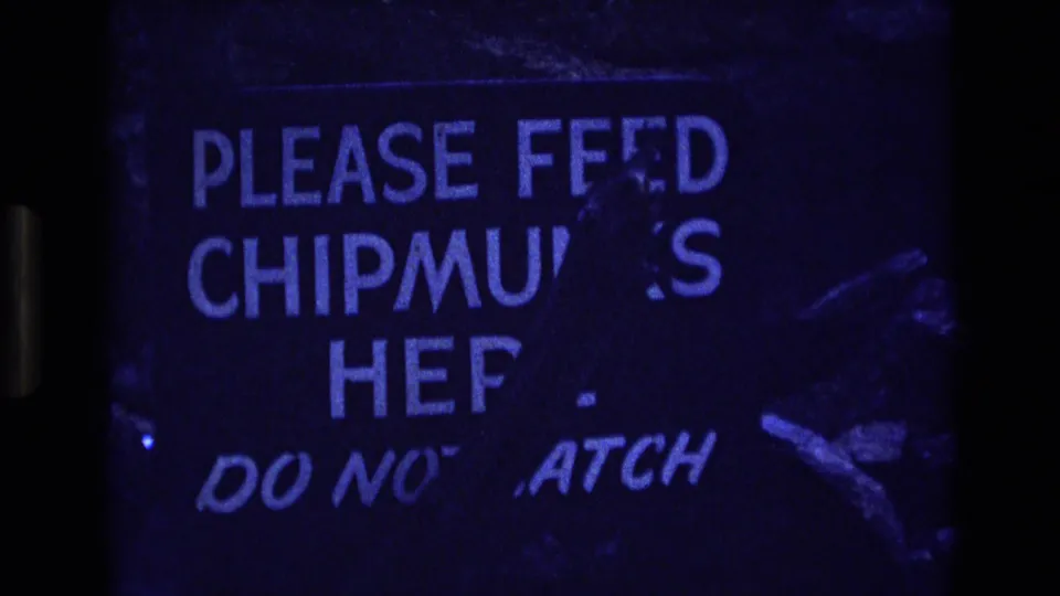 Blue-tinted 1973 8mm frame repeating the close view of the worn sign, with missing letters, scratches, and a dark strip along the side.