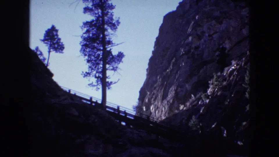 1973 Colorado home-movie frame showing two tall evergreens, a raised wooden walkway, blue sky, and shadowed rock walls on both sides of the view.