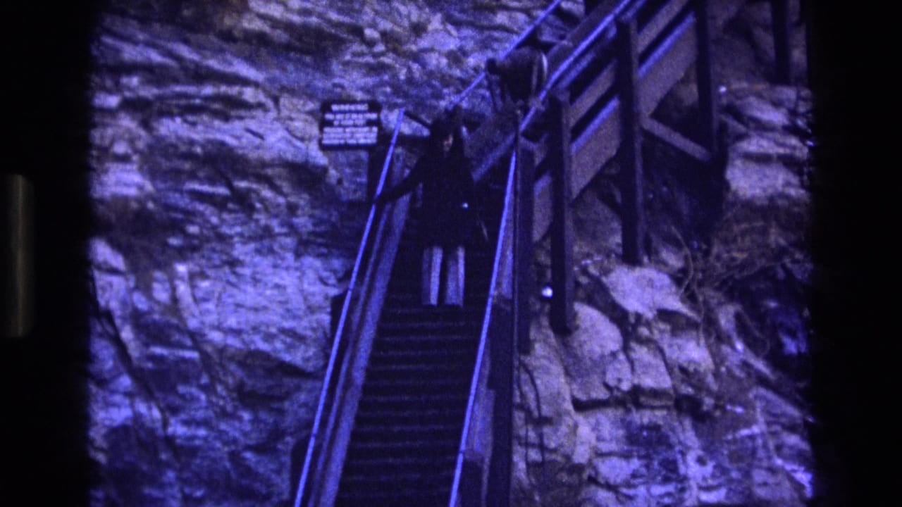 Woman stands near the top of a steep stairway set against a rocky cliff.