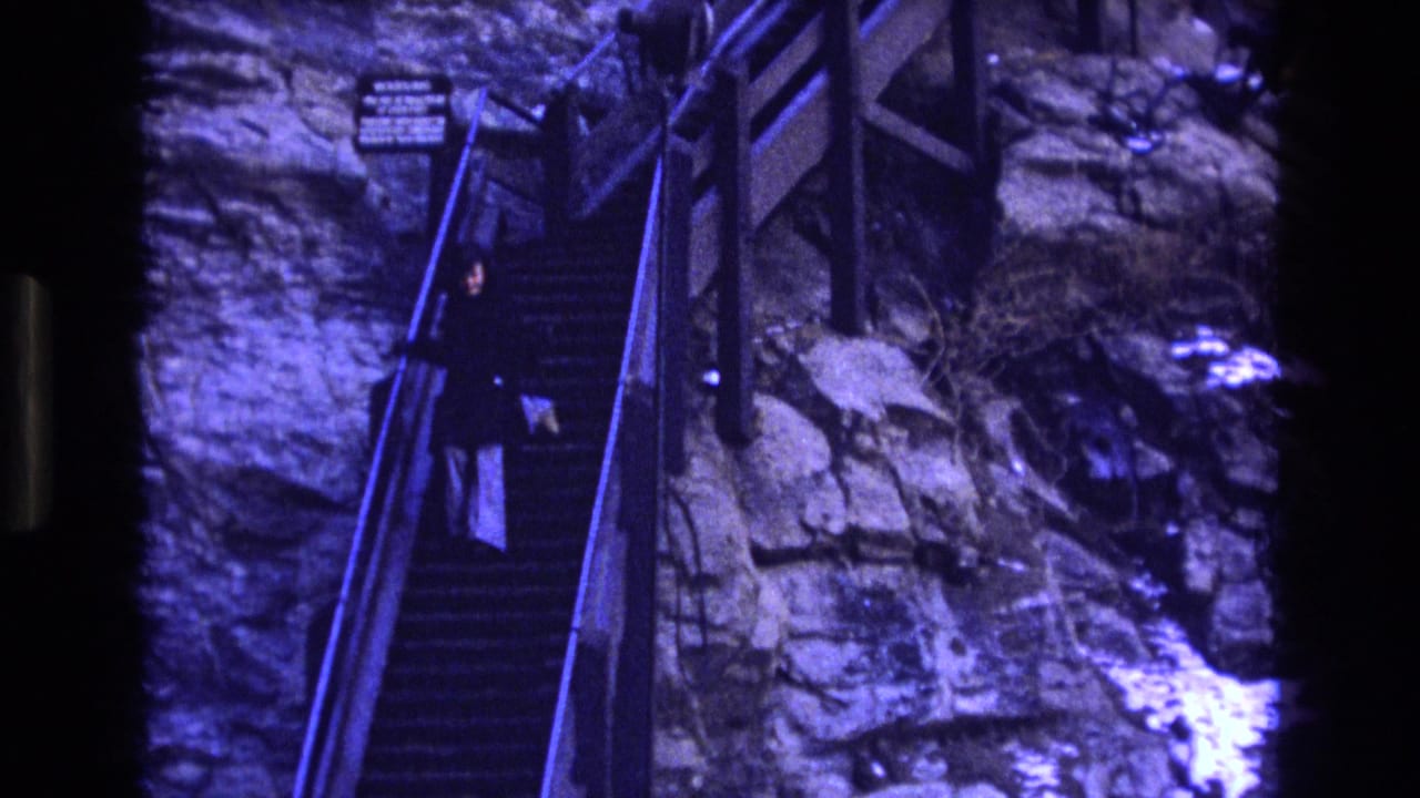 Adult visitor on a steep staircase beside a rocky cliff wall.