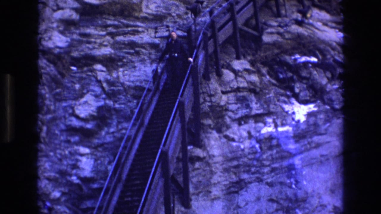 Person descending a long stairway against layered rock.