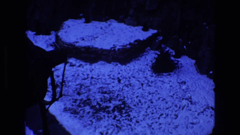 Blue-tinted 8mm frame from Colorado in 1973 showing a snow-covered path or bridge area with dark railings and shadowed rocky ground.