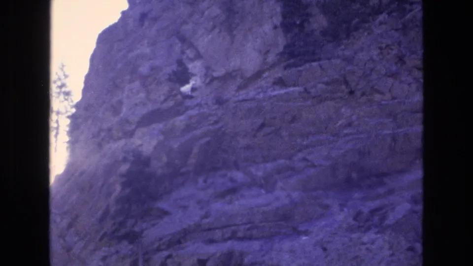 The mountain goat remains on the sheer Colorado rock face, its white body standing out against purple-cast stone and a bright sky opening near the left edge.
