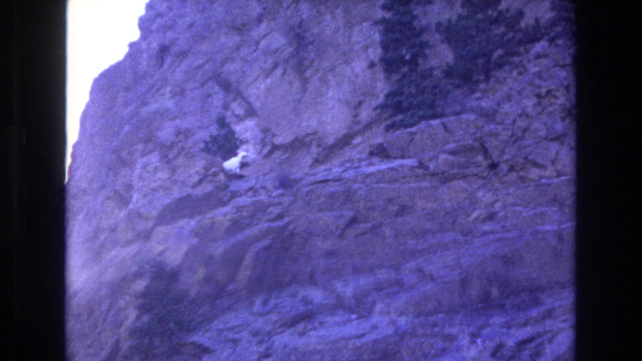 1973 Colorado 8mm frame showing a rugged purple-blue rocky cliff face, bright overexposed light at the left edge, and dark film borders around the image.
