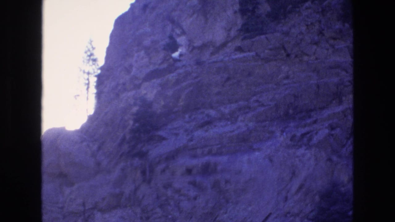 Narrow gap between rocky slopes with a small evergreen silhouette near bright sky.
