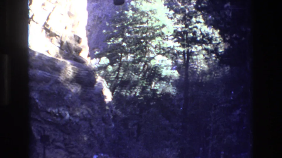 1973 Colorado home-movie frame showing a rock formation partly hidden by dense evergreens and strong sunlight through the upper canopy.