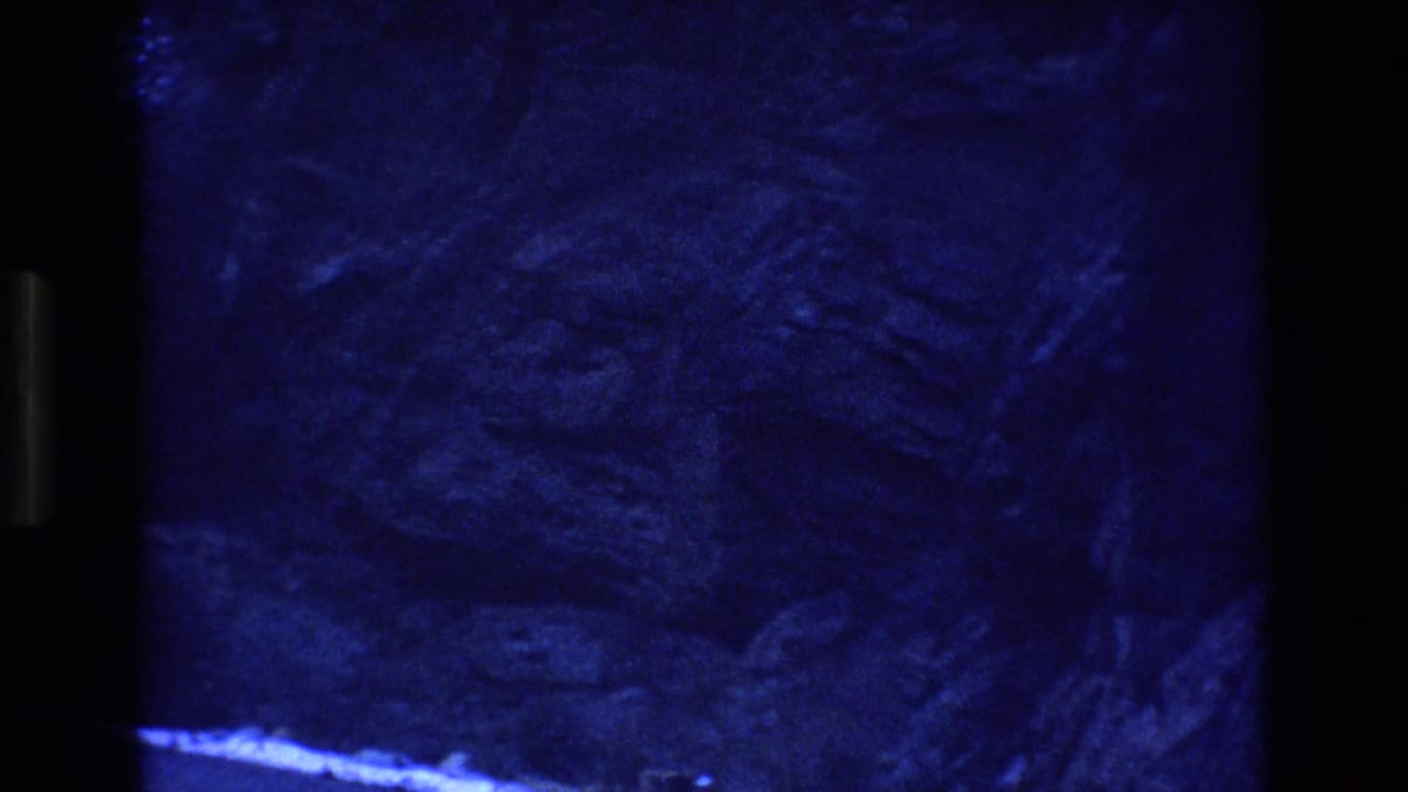 Blue-tinted 8mm frame with dark, grainy texture that appears to be forest, snow, or roadside ground detail without clear landmarks.