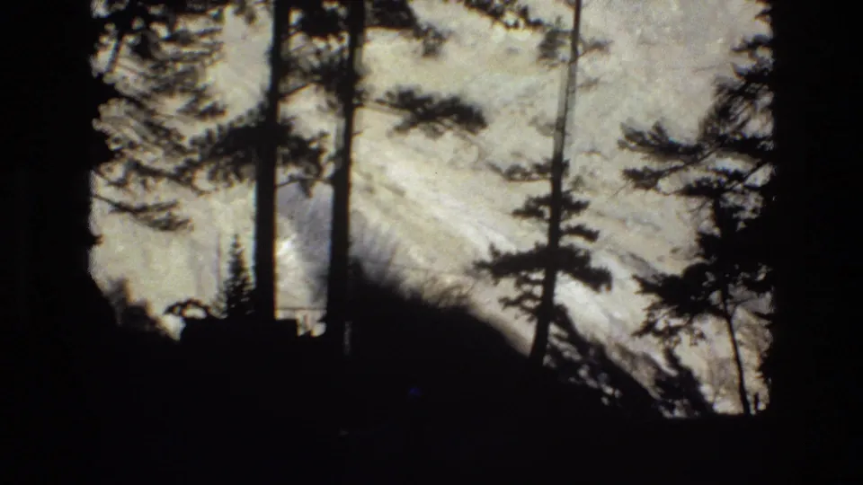 1973 Colorado 8mm frame showing pine silhouettes and a dark wooded foreground against a bright, textured rocky mountain slope.