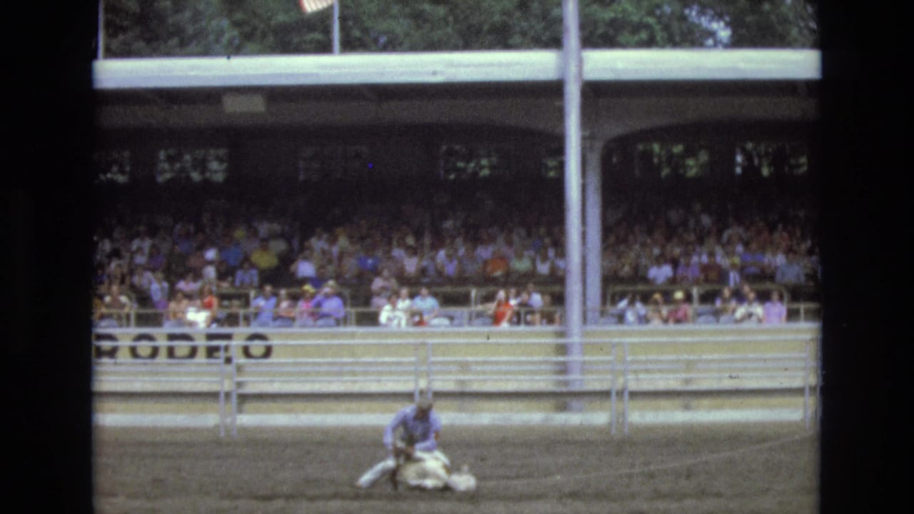 A cowboy ropes a small calf in front of crowded rodeo bleachers.
