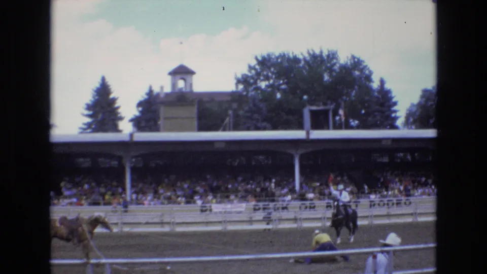 1973 Colorado Springs rodeo footage shows a mounted cowboy, livestock near the rail, and a participant low to the ground while spectators watch from the shaded grandstand.