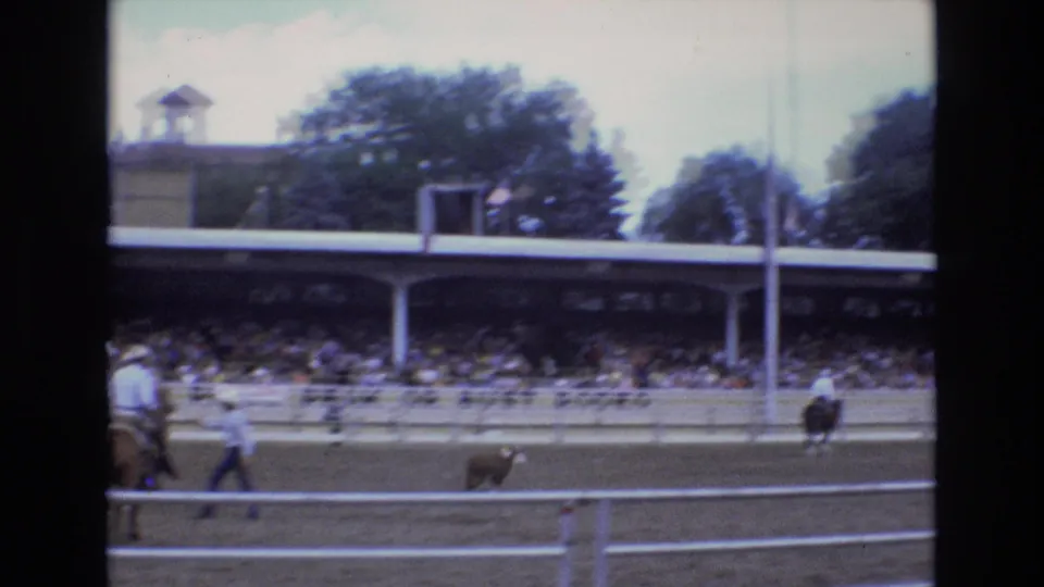 The final 1973 Colorado Springs rodeo frame shows a small bull or calf in the arena, riders and handlers nearby, and spectators filling the covered grandstand.
