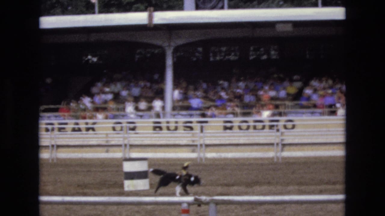 1973 Colorado Springs home-movie frame showing a black-and-white dog moving across a dirt arena while spectators watch from covered bleachers behind white rail fencing.