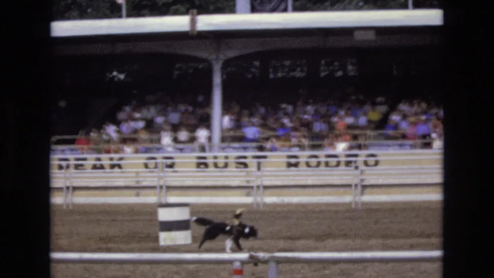 1973 Colorado Springs home-movie frame showing a black-and-white dog moving across a dirt arena while spectators watch from covered bleachers behind white rail fencing.