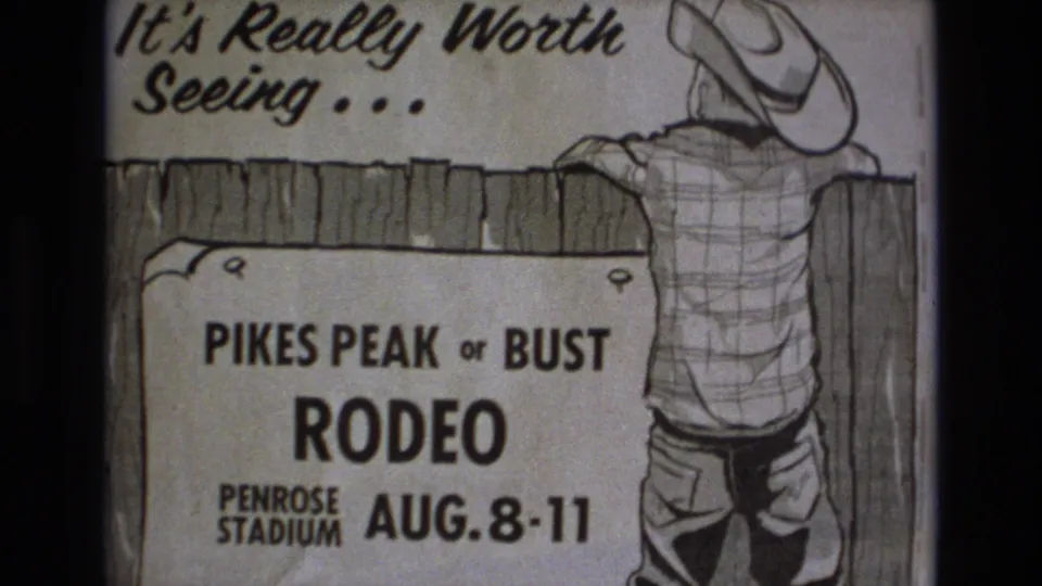 1973 Colorado Springs frame of the Pikes Peak or Bust Rodeo poster, with a cowboy in a hat illustrated beside event dates and Penrose Stadium text.