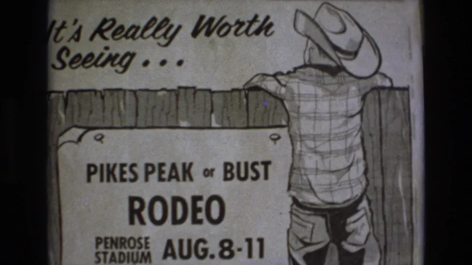 Final 1973 Colorado Springs frame of the poster, with Pikes Peak or Bust Rodeo lettering, Penrose Stadium text, August 8-11 dates, and a drawn cowboy leaning over a fence.