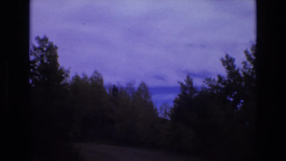 1973 Colorado Springs 8mm frame showing a tree-lined dirt road with motion-softened vegetation and a cloudy sky.