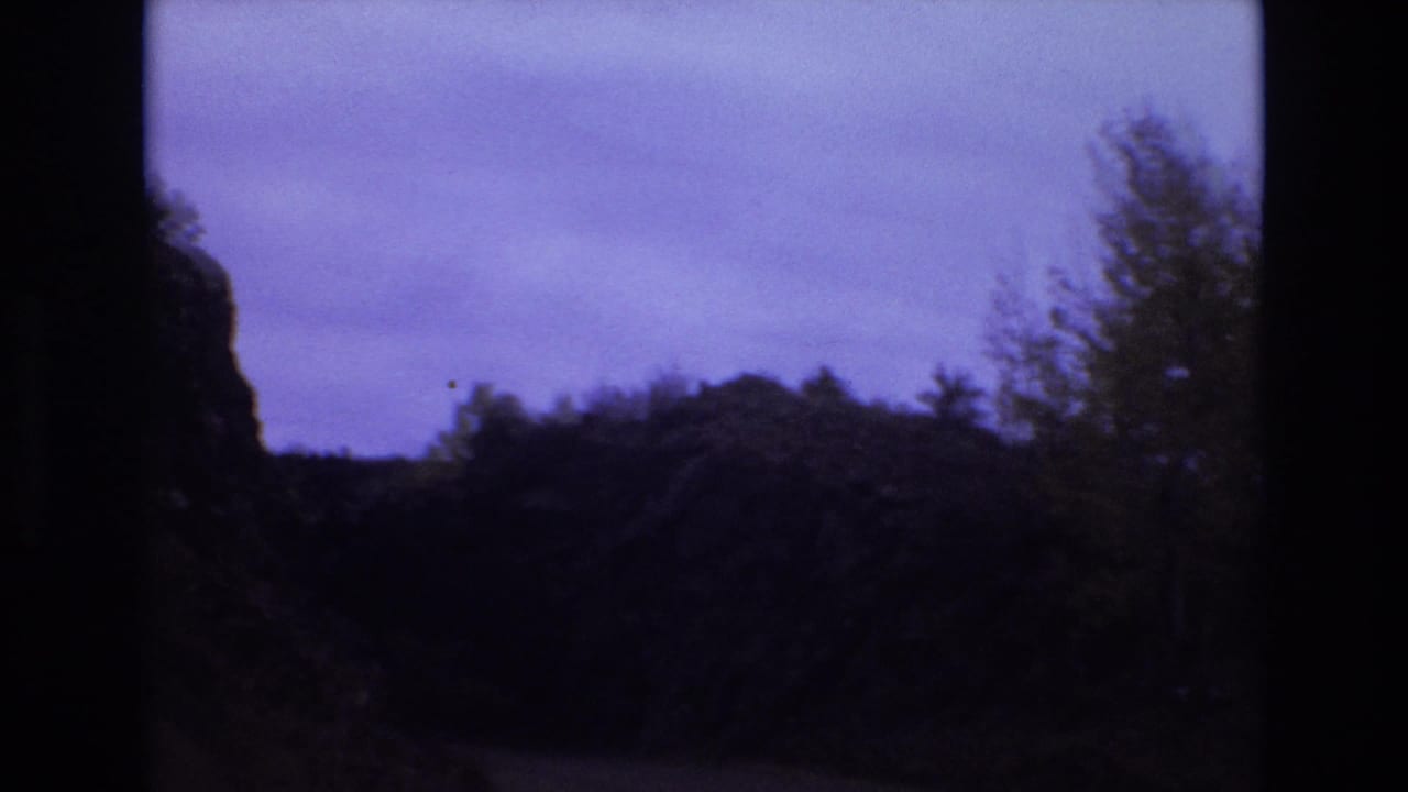 Rocky roadside walls and trees beneath a pale purple sky.