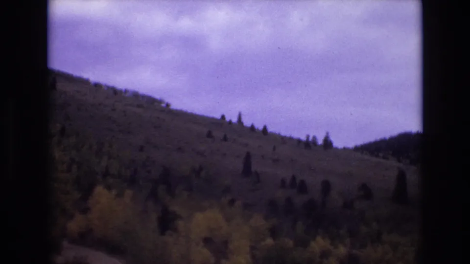 1973 Colorado Springs 8mm frame of a sloped, tree-dotted hillside with muted autumn color and visible gate borders.