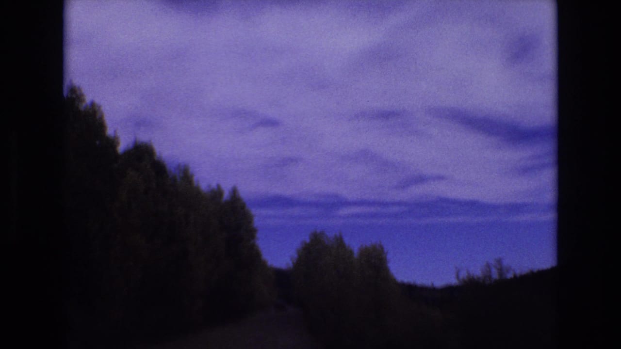 1973 Colorado Springs-area 8mm frame showing a forward view down a dark rural road with dense trees and a saturated twilight sky.