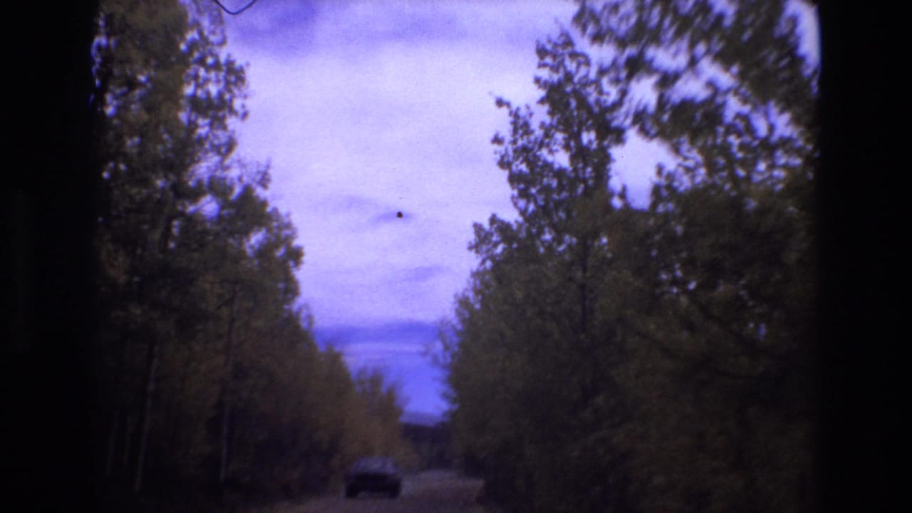 A moving 8mm view along a wooded dirt road near Colorado Springs, with dense trees, muted sky, and a dark car ahead in the lane.