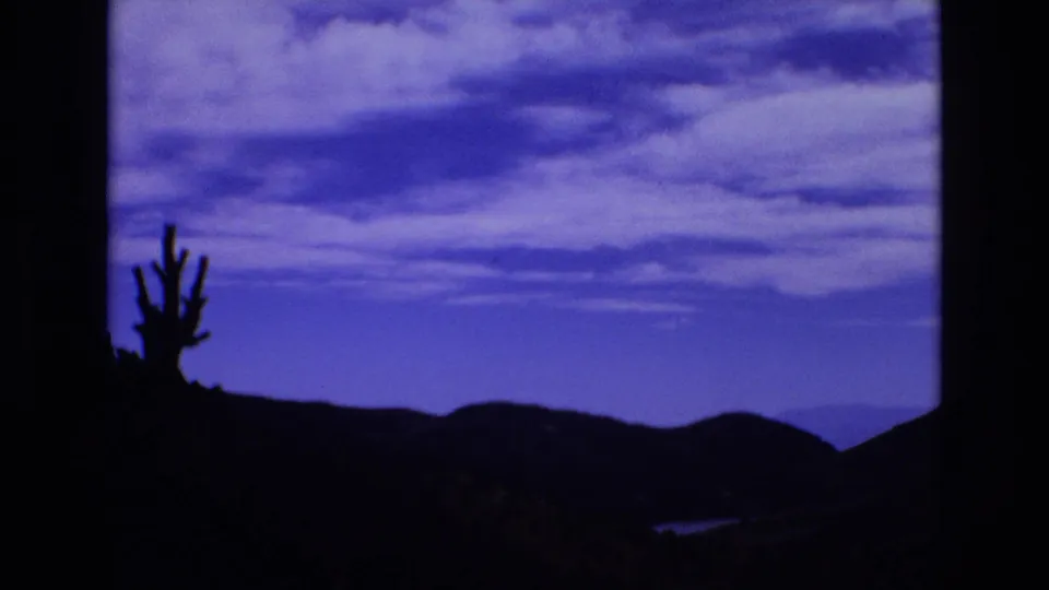 Static 8mm frame with a cactus-like plant in silhouette, distant hills, and a saturated blue evening sky consistent with the Colorado Springs 1973 clip metadata.