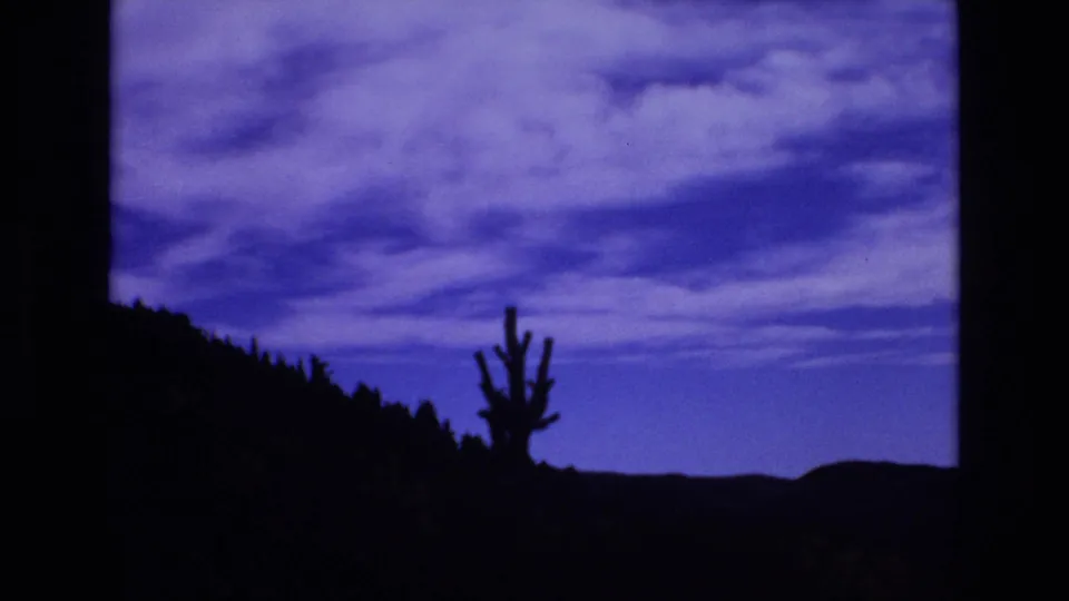 Final 8mm frame in the clip with a cactus-like plant and ridgeline silhouetted against a heavily blue clouded sky, with no people or signage visible.