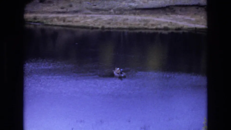 A small boat remains centered on rippled lake water in Colorado Springs, with dark shoreline reflections and faded 8mm color visible around the frame edges.
