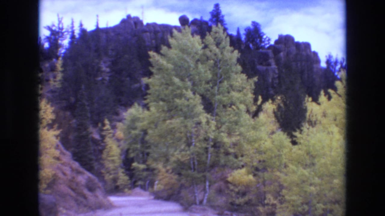 1973 8mm Colorado Springs view of a tree-lined unimproved road, dark evergreens, lighter deciduous trees, and a rocky outcrop under cloud cover.