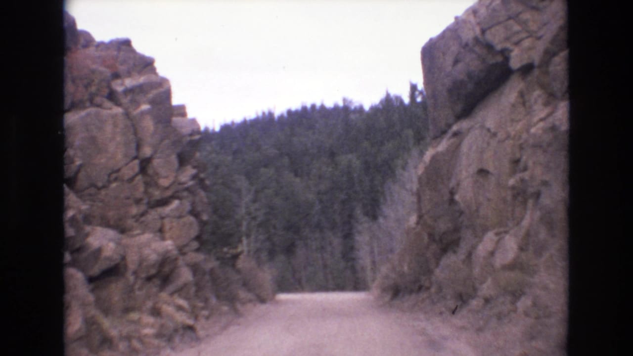 Unpaved road curves between large rock formations and pine trees.