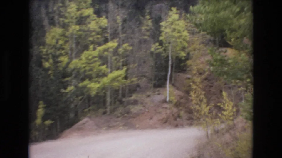 The final frame continues the 1973 Colorado Springs hillside drive, showing the unpaved road edge below dense trees, brush, and sloped ground.